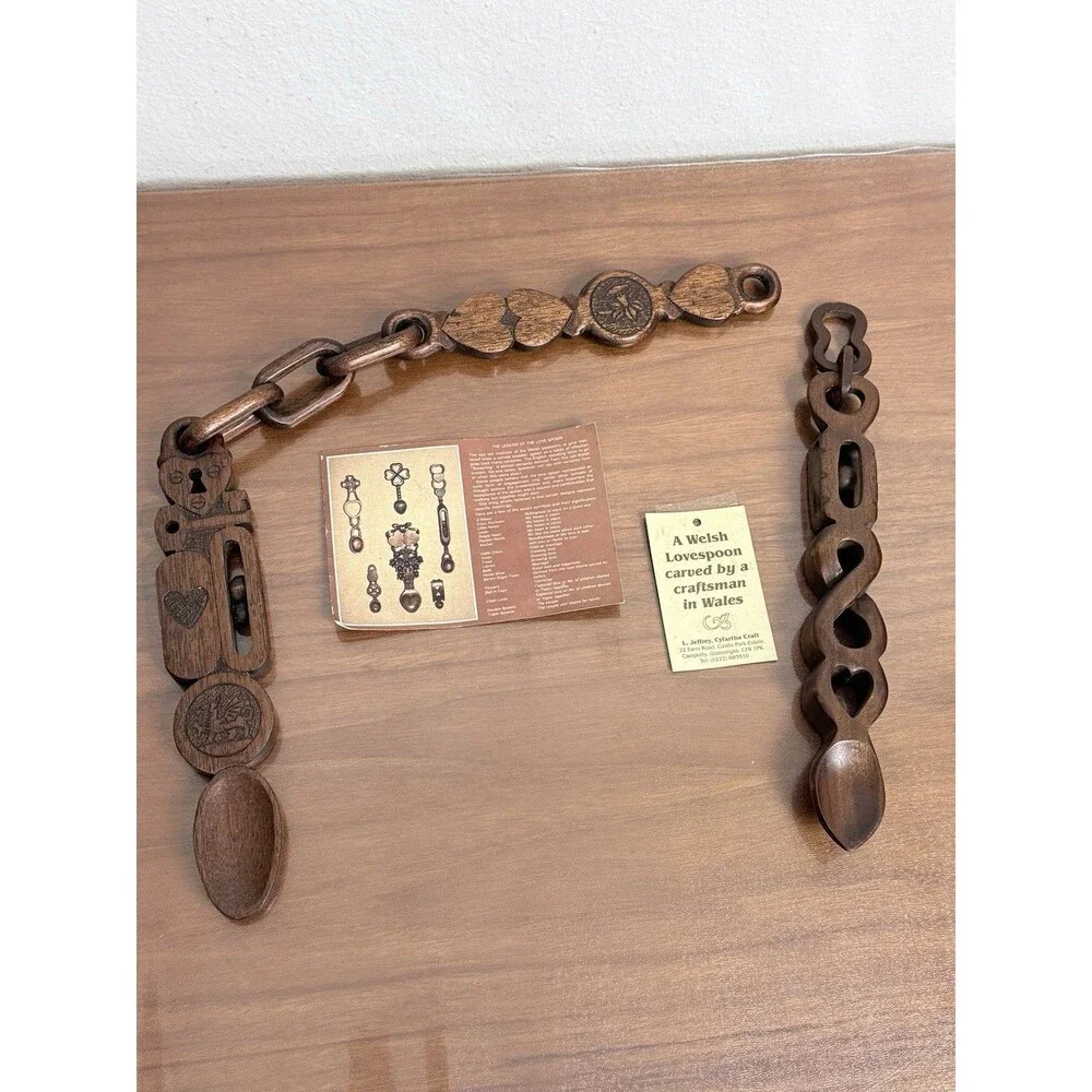 2 Vintage Hand-Carved Wooden Welsh Lovespoons Folk Art Hearts Rolling Ball